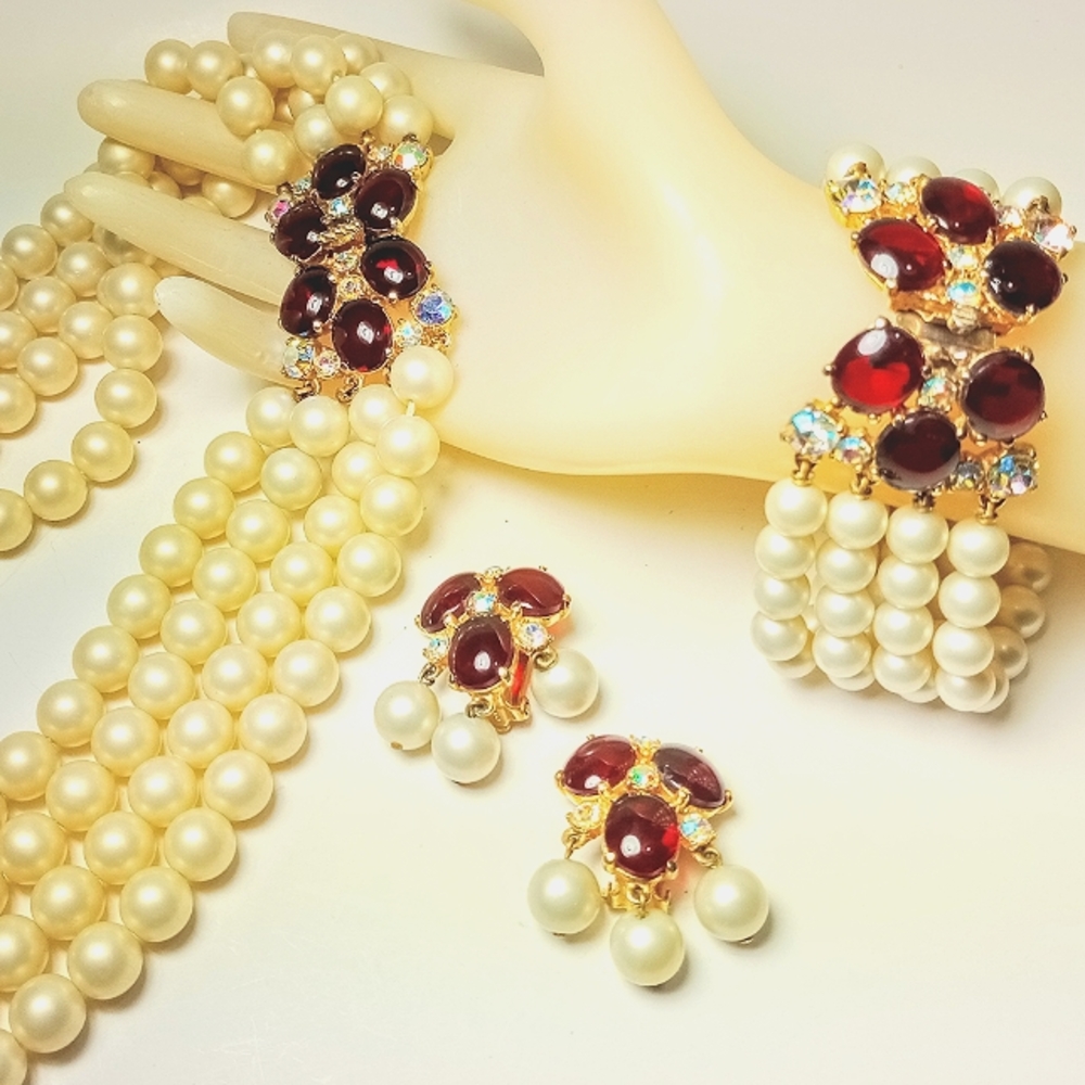 Vintage Schiaparelli Faux Ruby Pearl Parure - Gem